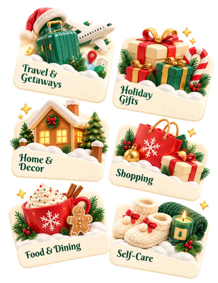 Holiday categories: Travel and Getaways, Holiday Gifts, Home and Decor, Shopping, Food and Dining, Self-Care
