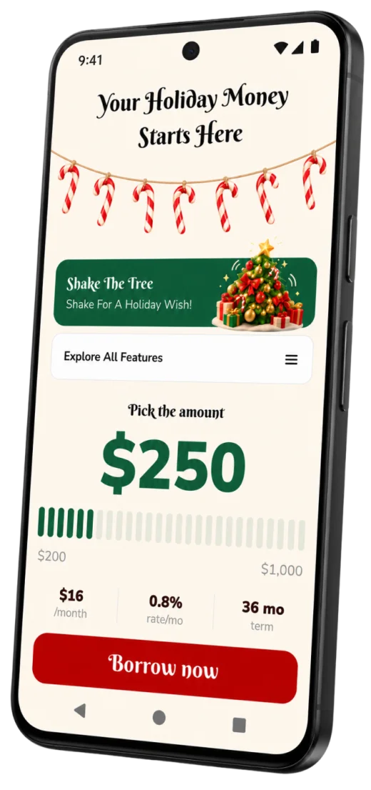 Holiday Money app: pick the amount, from $200 to $1,000, and press Borrow now